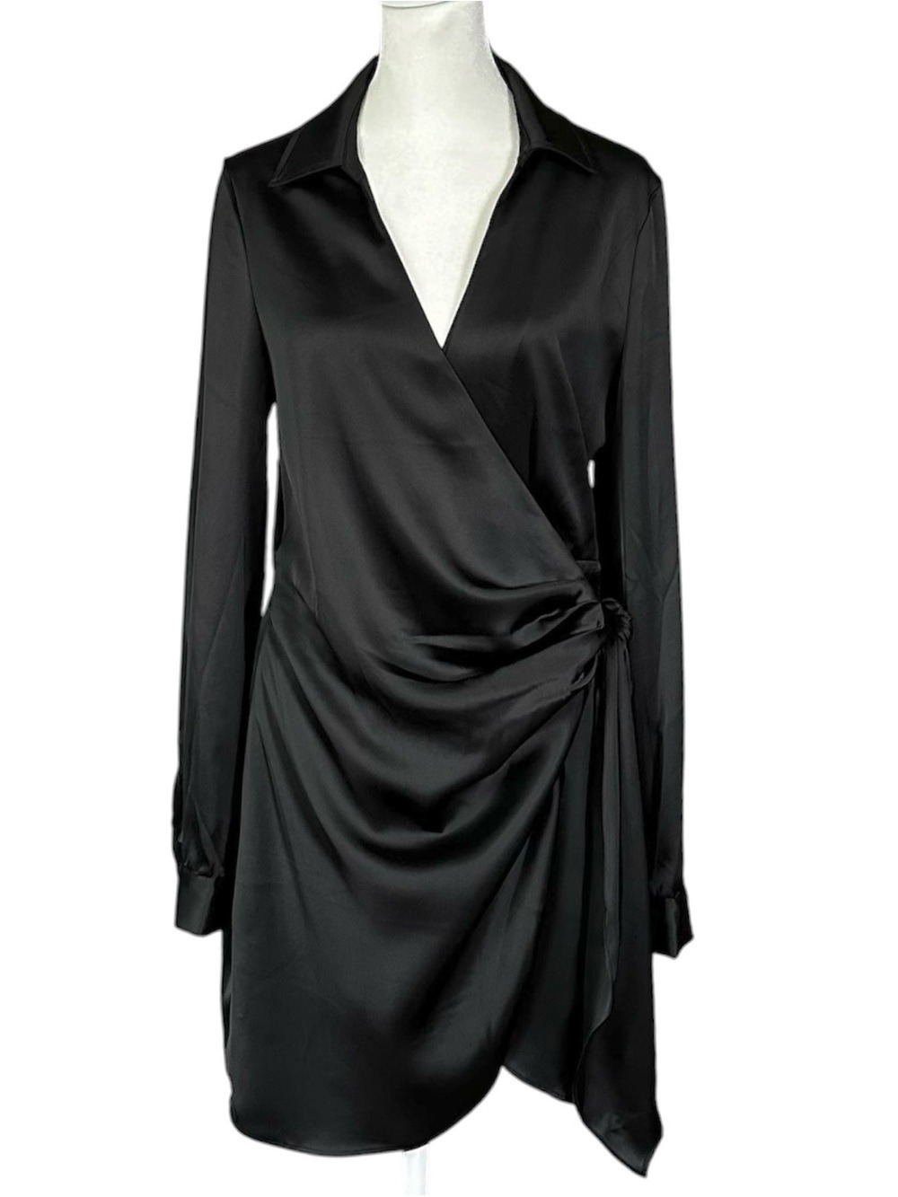 House of Harlow 1960 Satin Wrap Long Sleeve Mini Dress Black Size Small - Picture 2 of 15